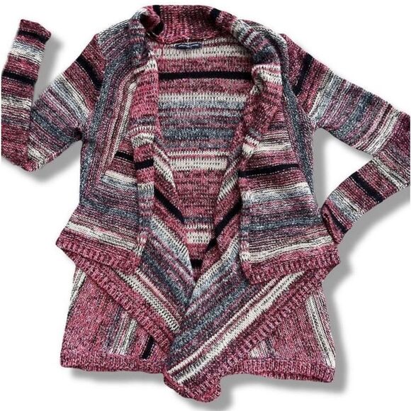 American Eagle Striped Waterfall Sweater Cardigan Size S Burgundy Pink Women’s - Picture 11 of 16
